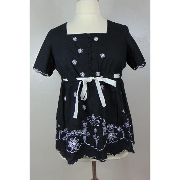 Chelsea Studio Black Embroidered Top Belt Women's Medium Babydoll Boho - Picture 2 of 10
